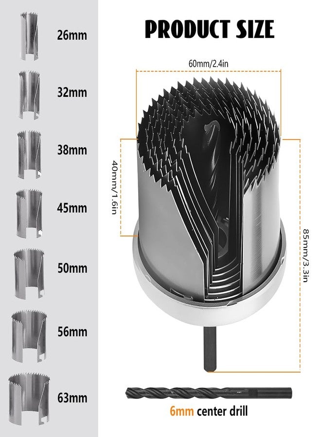 Serplex® Spring Steel Hole Saw Set 45mm Depth Woodworking Hole Opener with 7Pcs 26mm-63mm Saw Blades, Silver Finish for Drilling in Hard or Soft Wood, Plasterboard, and DIY Professional Projects - Image 2